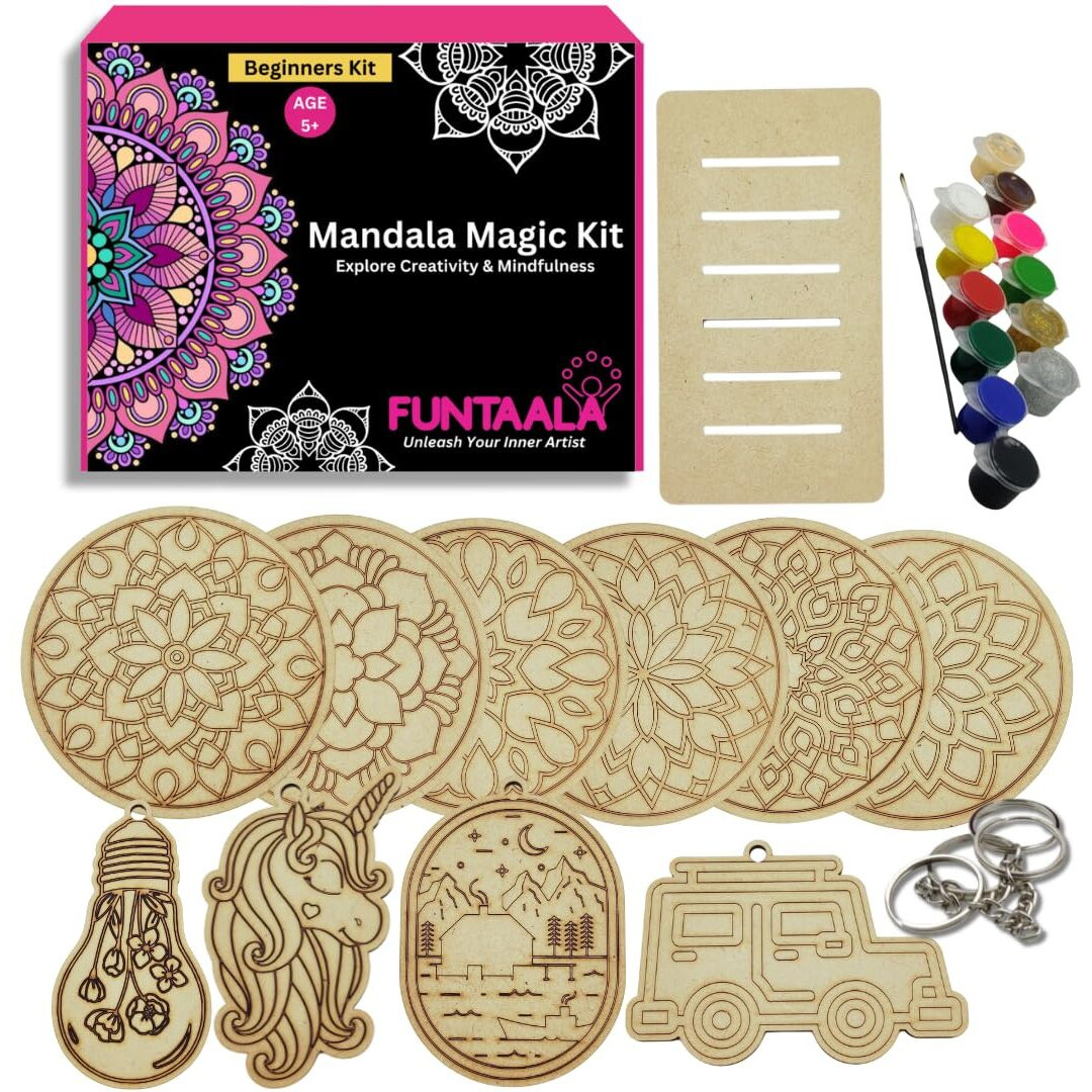 Funtaala Wooden Mandala Paint Kit Tea Coasters Art And Craft Kit | Diy Coaster Painting Set With Colours And Brush | Gift For Girls And Boys Ages 9-15 | Mandala Art Coasters