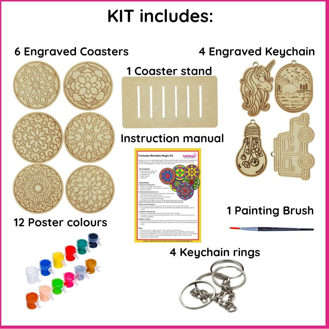 Funtaala Wooden Mandala Paint Kit Tea Coasters Art And Craft Kit | Diy Coaster Painting Set With Colours And Brush | Gift For Girls And Boys Ages 9-15 | Mandala Art Coasters