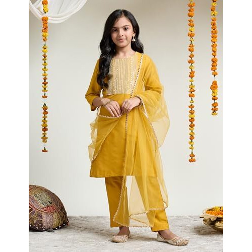 Amazon Brand - Symbol Girl's Rayon Ethnic Wear Embroidered Kurta Set With Net Dupatta
