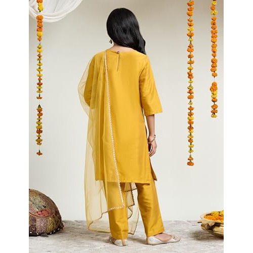 Amazon Brand - Symbol Girl's Rayon Ethnic Wear Embroidered Kurta Set With Net Dupatta