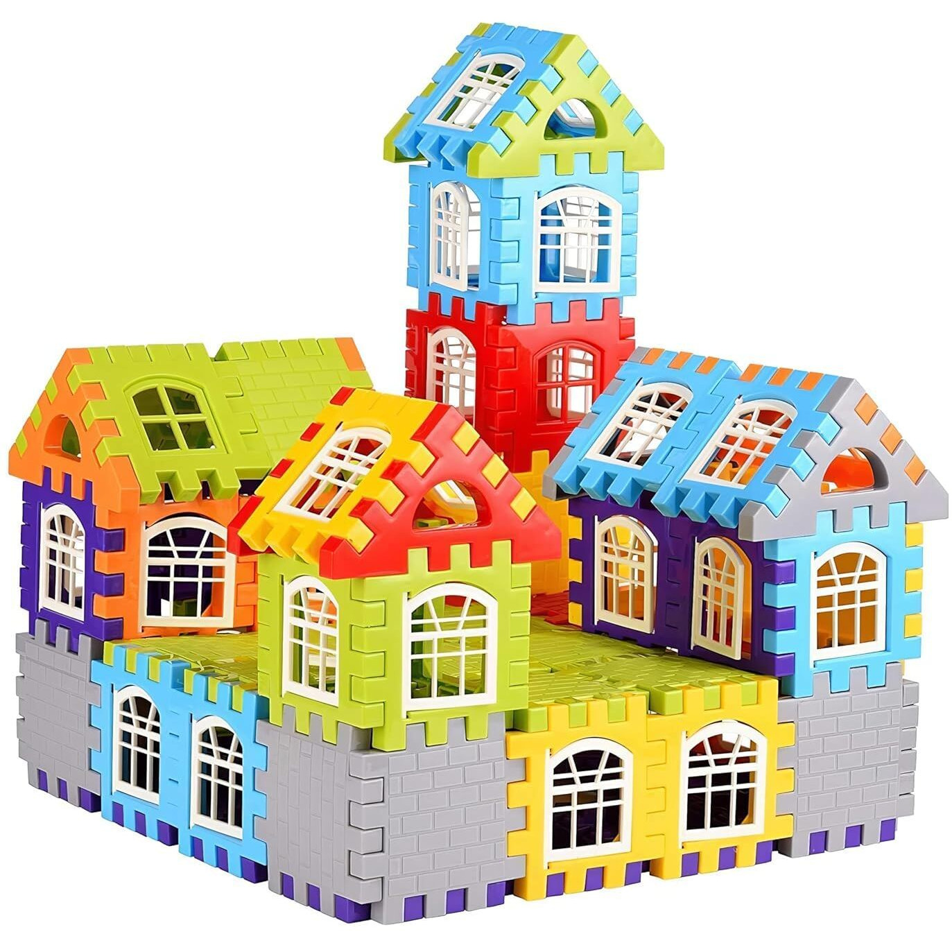 Cloudtech 165 Pcs Medium House Building Blocks Toys For Kids And Toddlers With Attractive Windows Smooth Rounded Edges Building Diy Combo Plastic House Blocks Educational Building Toys (Ct-Mhb-165)