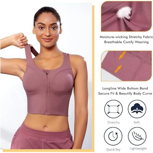 Glamoras Women Polyester Spandex High Impact Front Zip Sports Bra Longline Fitness Criss Cross Back Crop Tops Tank Gym Yoga Workout, Size M-4Xl Pink