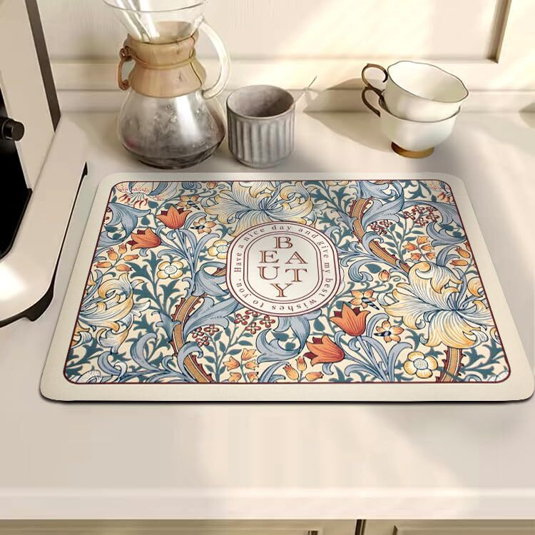 Homecloud Dish Drying Mat For Kitchen Counter Hide Stain Super Absorbent, Non-Slip, Heat-Resistant, Great For Dishes,Rack Pad, Kitchen Counter, Coffee Maker, Coffee Item (Beige_Beauty, 50X40Cm)