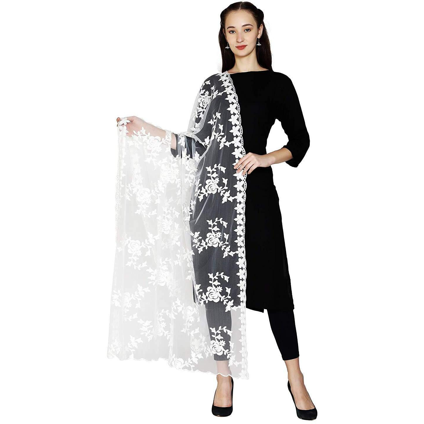 Hari Madhav Design Women's Nylon Net Embroidered Dupatta (White), 2.20 Mtrs