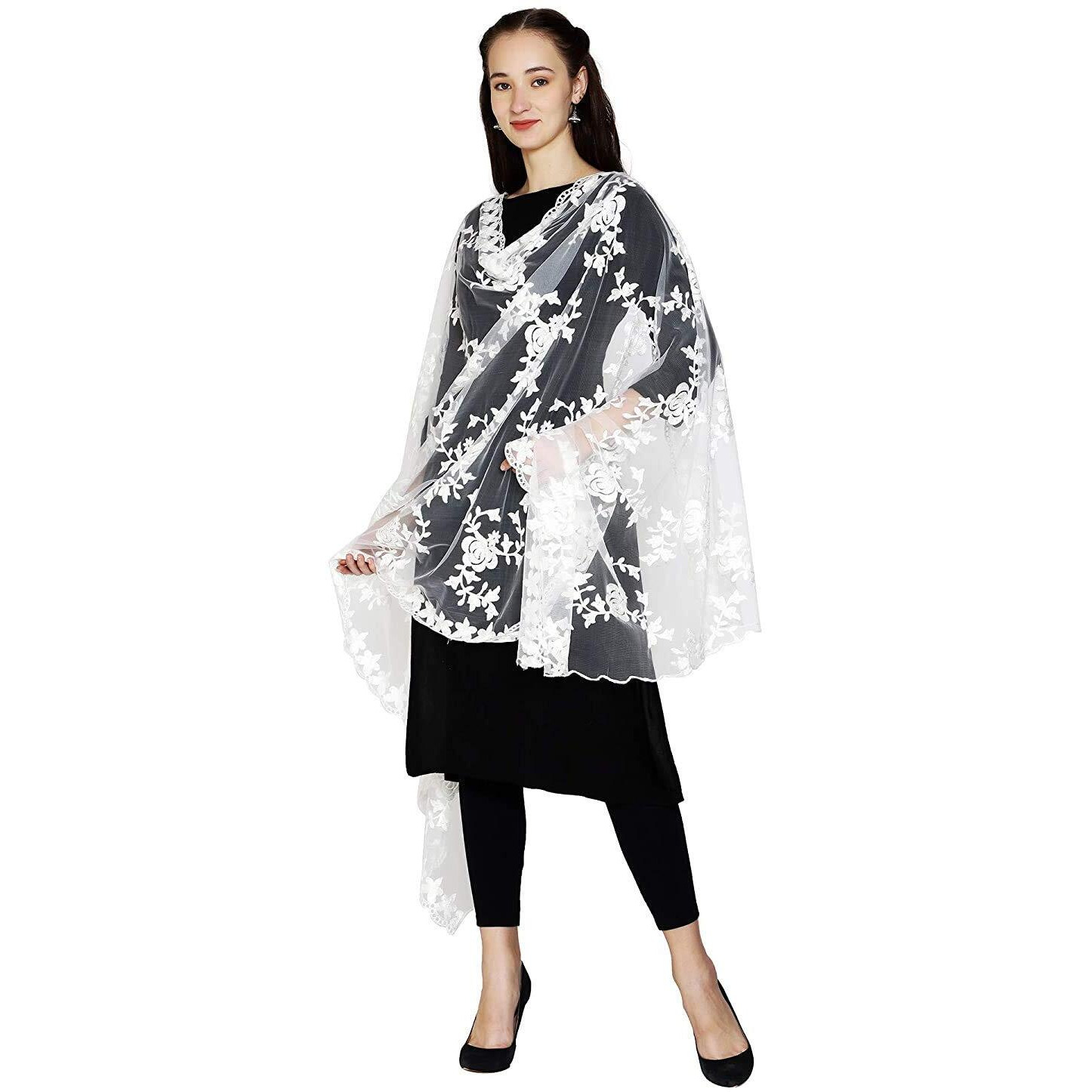 Hari Madhav Design Women's Nylon Net Embroidered Dupatta (White), 2.20 Mtrs