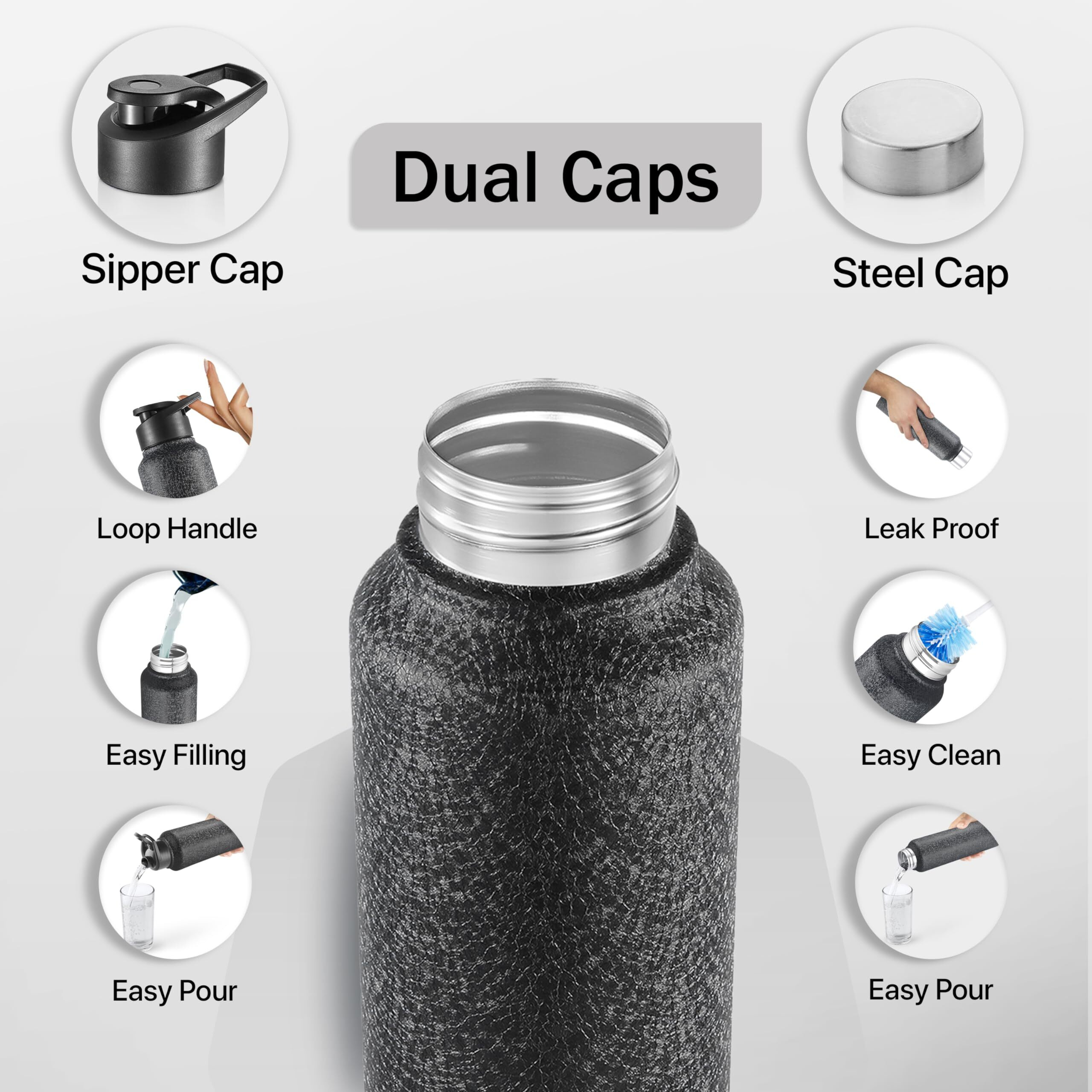 Pexpo Chromo Stainless Steel Sports/Fridge Water Bottle With Sipper & Steel Cap, 1 Litre, Black | Eco Friendly | Bpa Free | Water Bottle For Office, Gym, School, Yoga, Trekking, Adults & Kids