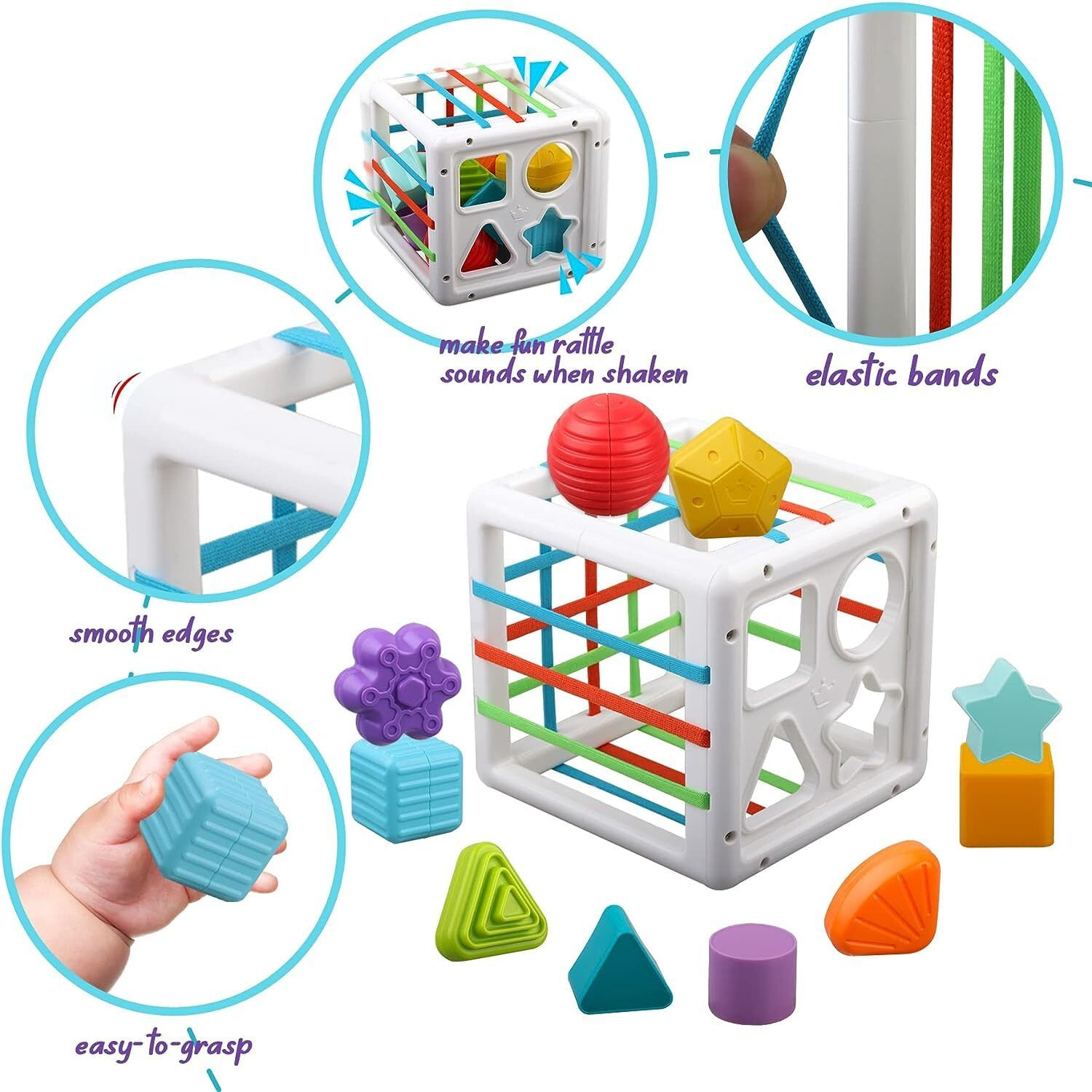 Brand Conquer Sensory Shape Sorter Blocks Toy-Activity Cube Bins-Montessori Educational Learning Fine Motor Skills Toys For Baby Toddlers 6 12 18 Months (Shape Sorter Blocks Activity Cube), Multicolor