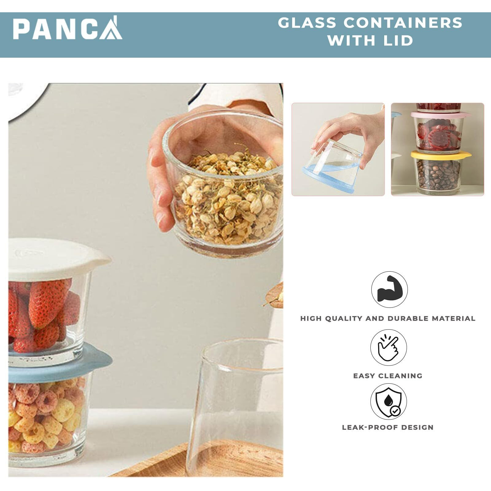 Panca Glass Containers With Lid - 260Ml Leak-Proof Glass Sealed Jar With Lid | Food Grade Ideal For Kitchen, Refrigerator, Storage, Fresh-Keeping, Storage, Milk, Fruit, Coffee (Pack Of 4)
