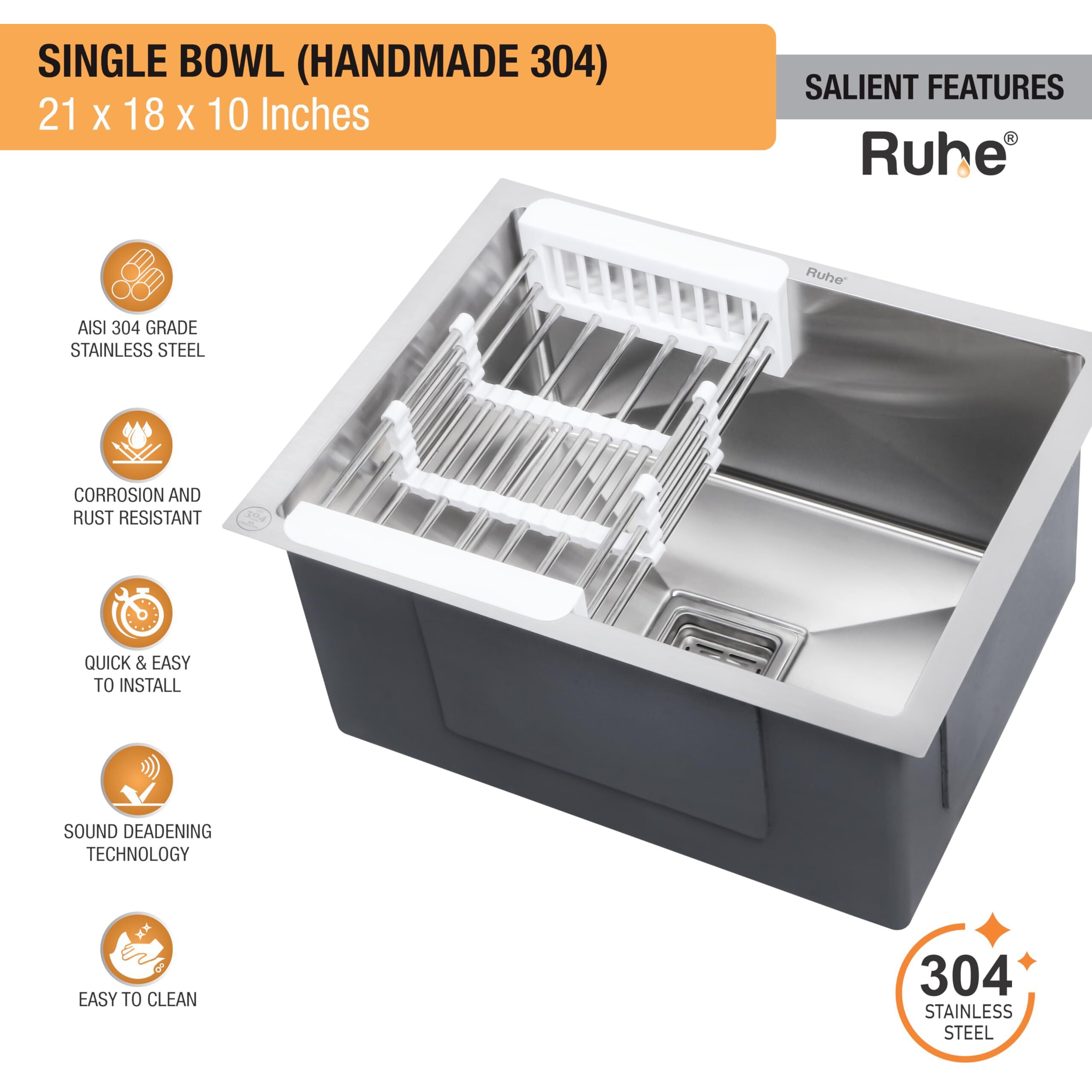 Ruhe Handmade Single Bowl 21X18X10 Inch 304-Grade Kitchen Sink | Stainless Steel Handmade Kitchen Sink | Brushed Matte Finish | Strainer-Basket/Sink Coupling/Waste Pipe - Grey