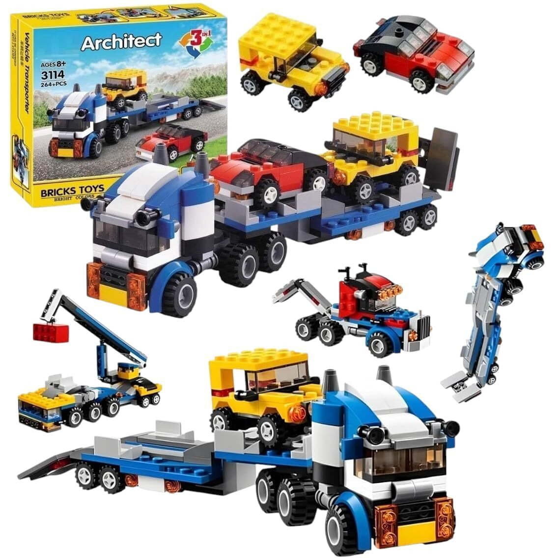 Umadiya Architect 3 In 1 Jeep, Car & Truck Vehicle Toys | Transporter Building Brick Block For Kids | Stem Educational Learning Die Toys For Kids | Creative Construction Toy (264 Pcs)