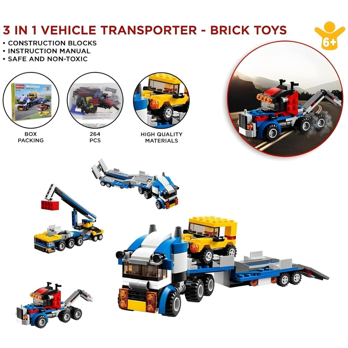 Umadiya Architect 3 In 1 Jeep, Car & Truck Vehicle Toys | Transporter Building Brick Block For Kids | Stem Educational Learning Die Toys For Kids | Creative Construction Toy (264 Pcs)