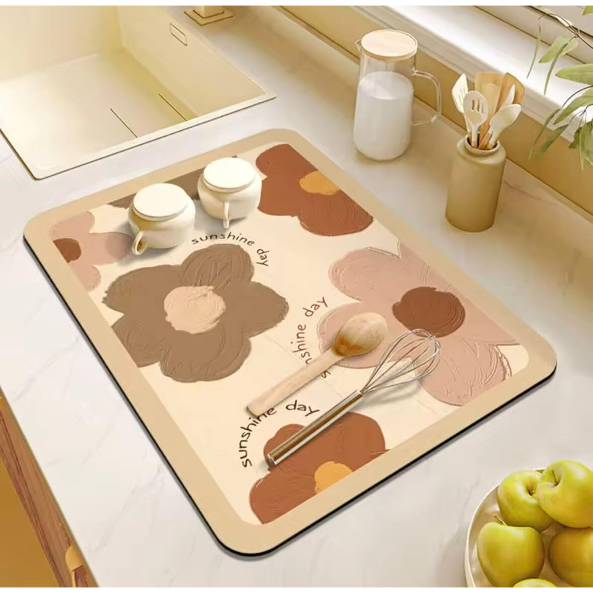 Homecloud Dish Drying Mat For Kitchen Counter Hide Stain Super Absorbent, Non-Slip, Heat-Resistant, Great For Dishes,Rack Pad, Kitchen Counter, Coffee Maker, Coffee Item (Sunshine_Day, 50X40Cm)