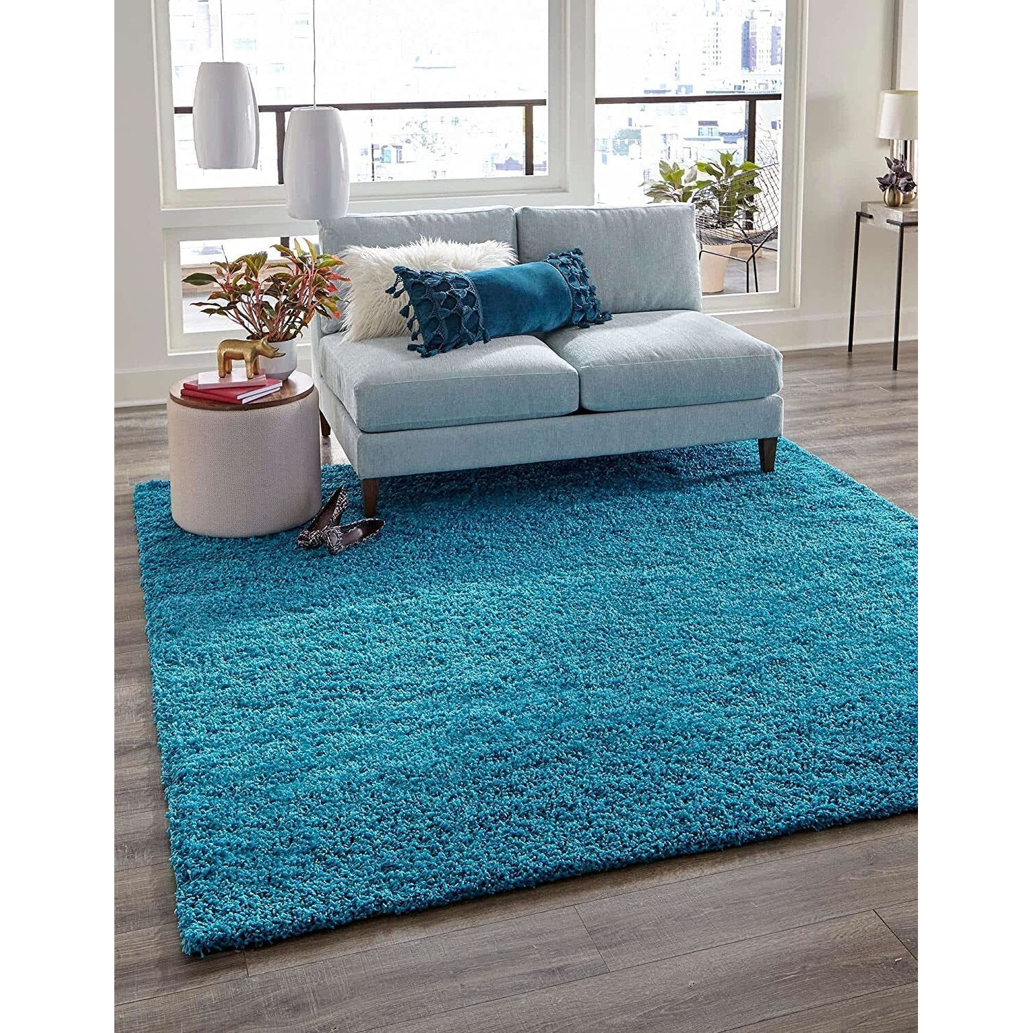 Kashish Rugs Shaggy Rug Handmade Microfiber Cozy Super Soft & Plush Fluffy Shaggy Carpets With 2 Inch Thickness 12 X 18 Feet-Turquoise
