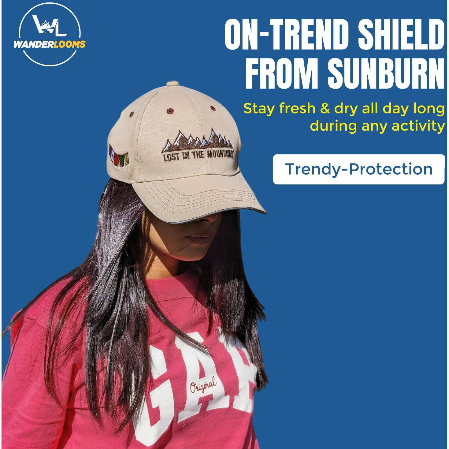 Wanderlooms Ladakh Peak Baseball Beige Cap For Men Stylish | Adjustable Strip Caps For Women | Quick Dry Cap For Boys | Cotton Caps For Men | Sports Cap For Women Gym | Cap For Women Stylish