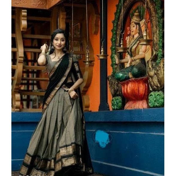 Renvaani Fashion Women's Indian Traditional Unstitched Kanjivaram Kanchipuram Silk Pure Zari Weaving Lehenga Choli Along With Dupatta With Unstitch Blouse, Half Saree (Ht_54) (Silver Black)
