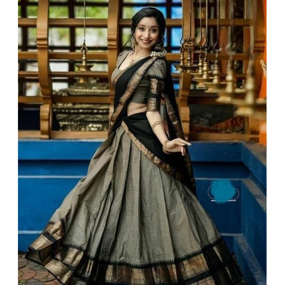 Renvaani Fashion Women's Indian Traditional Unstitched Kanjivaram Kanchipuram Silk Pure Zari Weaving Lehenga Choli Along With Dupatta With Unstitch Blouse, Half Saree (Ht_54) (Silver Black)