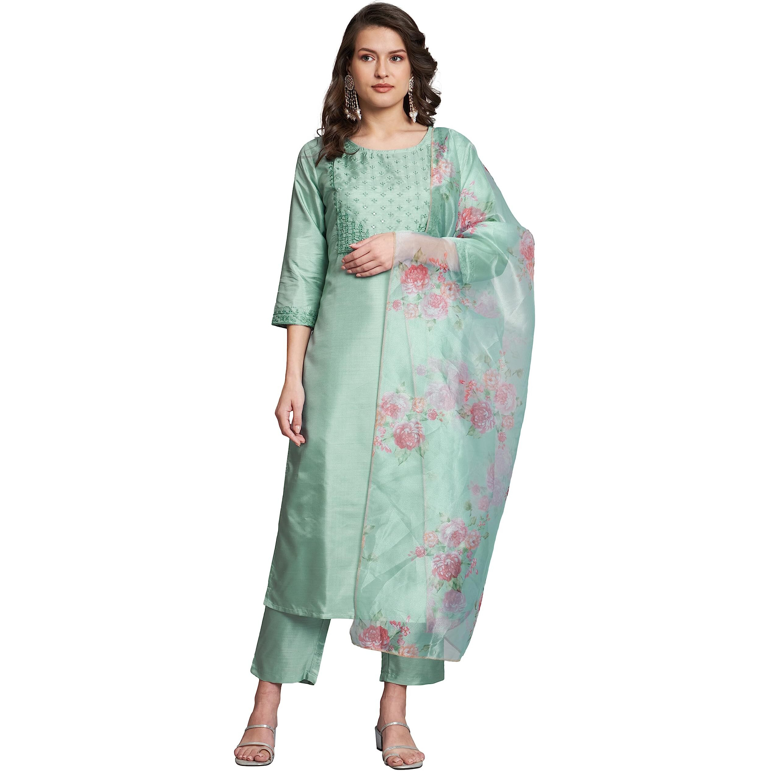Vredevogel Women's Silk Blend Embroidered Straight Kurta Pant Set With Organza Dupatta (Sea-Green_Large)