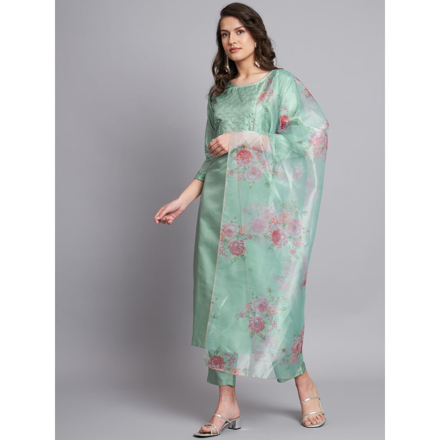 Vredevogel Women's Silk Blend Embroidered Straight Kurta Pant Set With Organza Dupatta (Sea-Green_Large)
