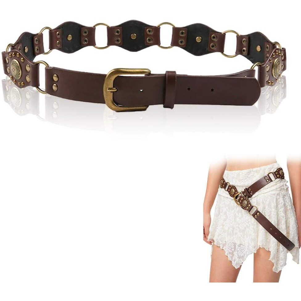 Palay Waist Belt For Women Girls Vintage Concho Buckle Pu Leather Belt Adjustable Western Punk Belts Stylish Cowgirls Y2K Accessories Belt For Women Dresses, Jeans, Skirts