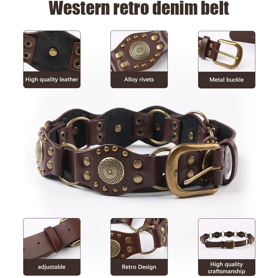 Palay Waist Belt For Women Girls Vintage Concho Buckle Pu Leather Belt Adjustable Western Punk Belts Stylish Cowgirls Y2K Accessories Belt For Women Dresses, Jeans, Skirts