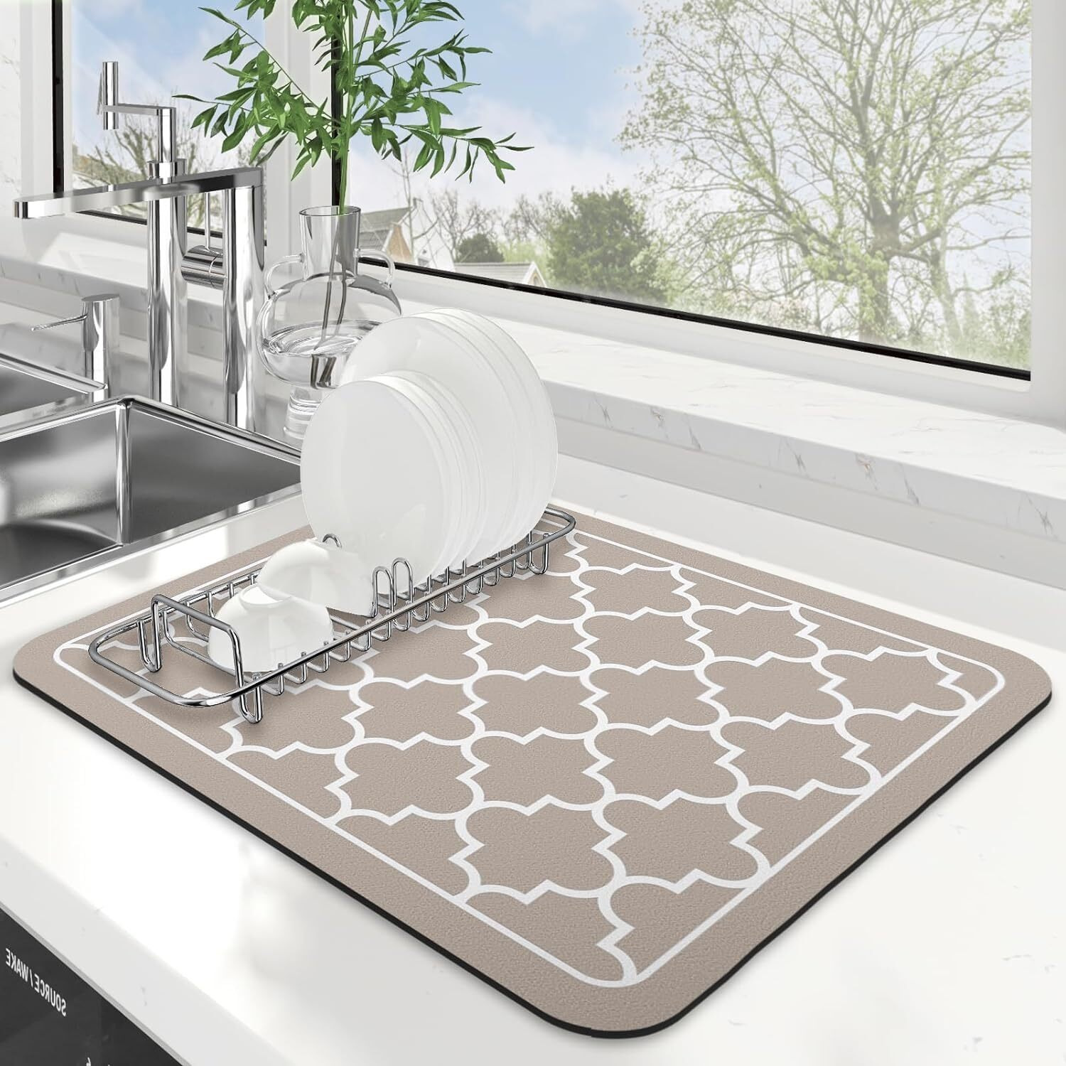 Homecloud Dish Drying Mat For Kitchen Counter Hide Stain Super Absorbent, Non-Slip, Heat-Resistant, Great For Dishes, Rack Pad, Kitchen Counter, Coffee Maker, Coffee Bar Items (40X50Cm, Beige)