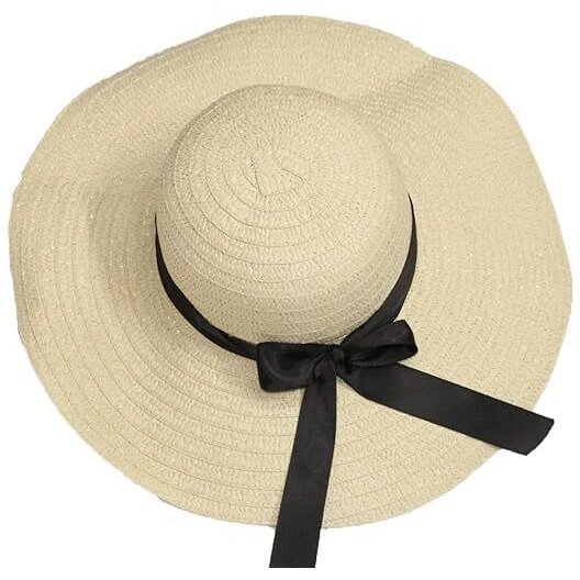 Clothera Summer Medium Brim Floppy Beach Straw Hats For Women (Light Beige With Black Ribbon)