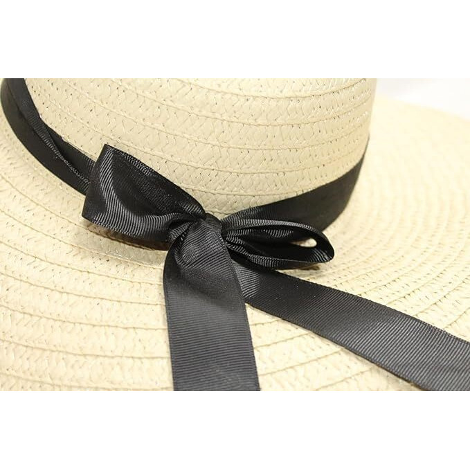 Clothera Summer Medium Brim Floppy Beach Straw Hats For Women (Light Beige With Black Ribbon)