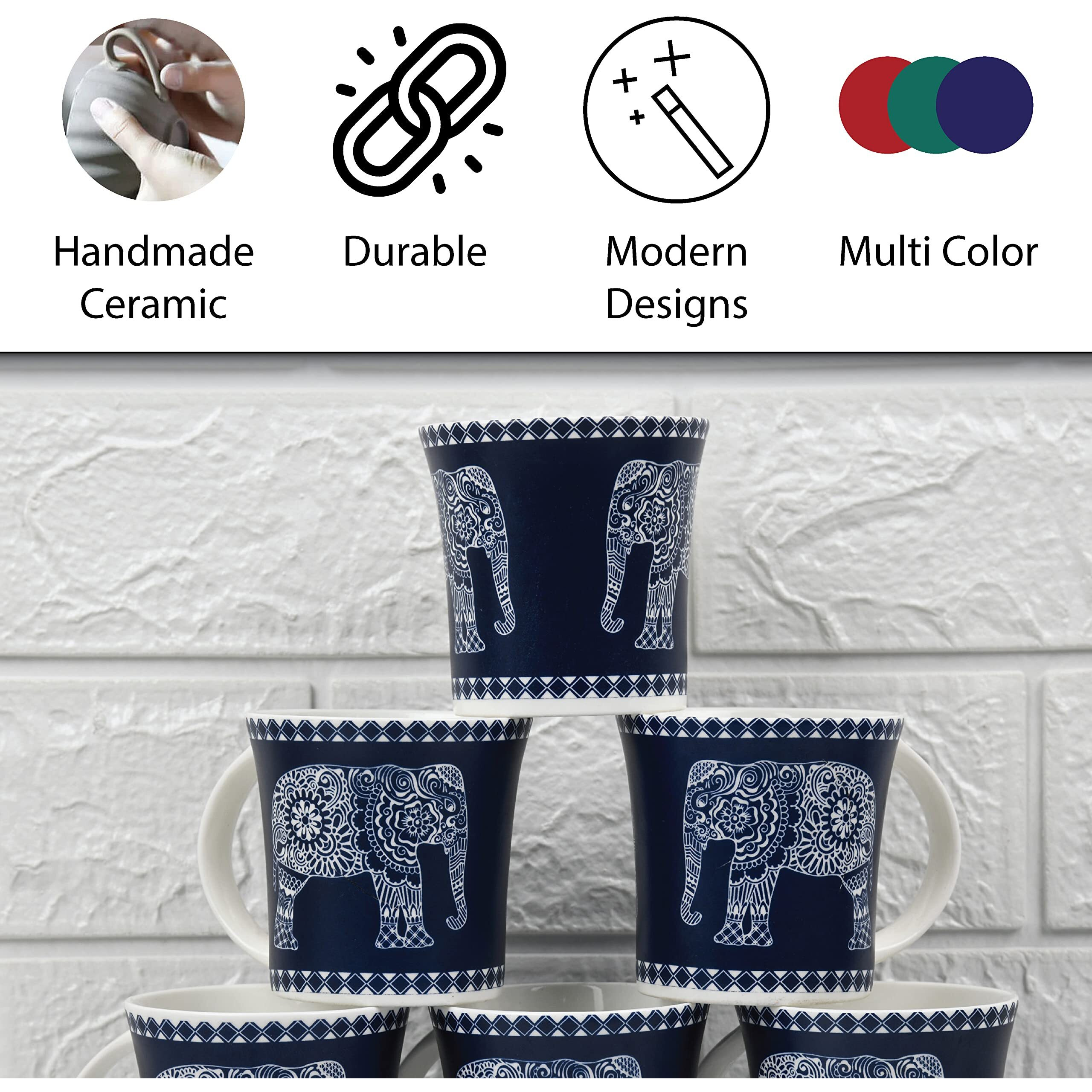 Femora Majestic Elephant Ceramic Coffee & Tea Cup Set Of 6, 160 Ml, Blue
