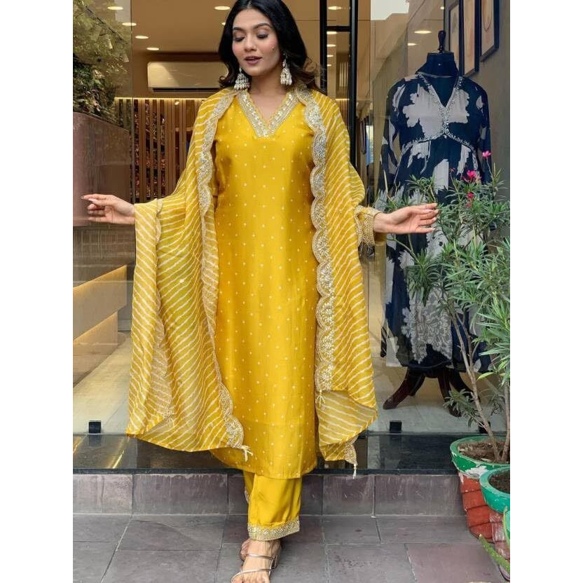 Suppar Sleave Womens Beautiful Viscose Chanderi Embroidered Straight Kurta Pant With Dupatta Set (Kashvi-01)