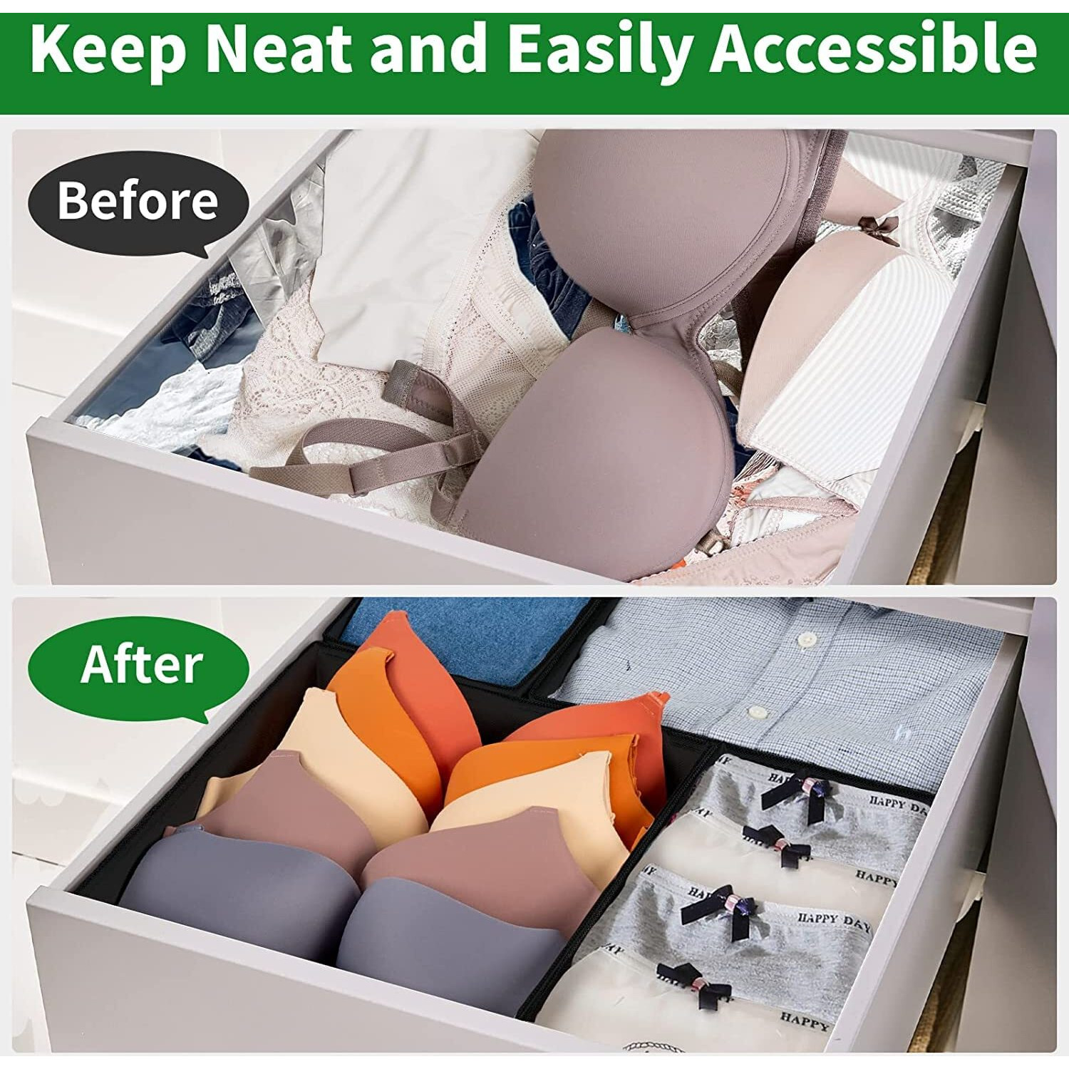 House Of Quirk Foldable Clothing Storage Box Drawer Organizer Cube Basket Bins Containers Divider With Drawers For Underwear, Ties, Scarves, Set Of 8 (Black, Non-Woven & Cardboard)