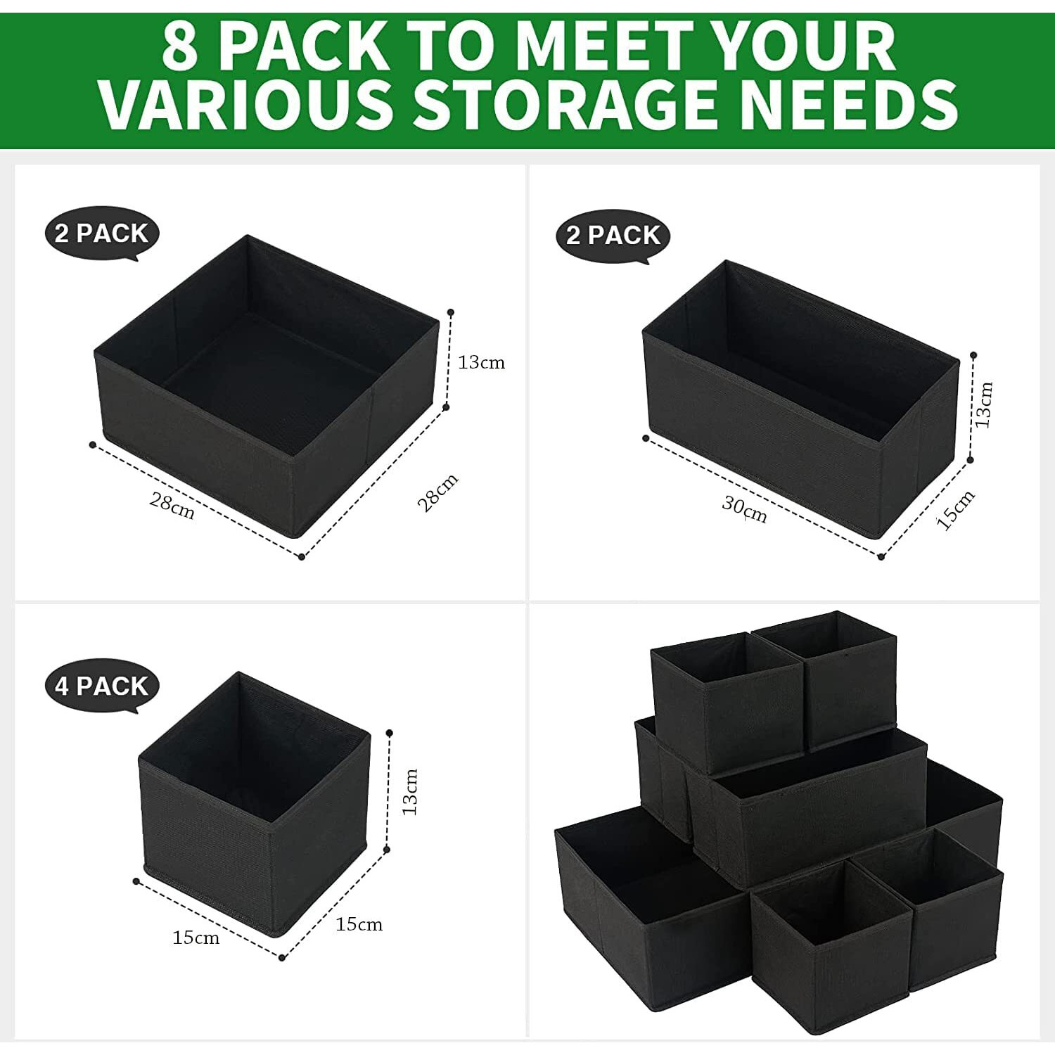 House Of Quirk Foldable Clothing Storage Box Drawer Organizer Cube Basket Bins Containers Divider With Drawers For Underwear, Ties, Scarves, Set Of 8 (Black, Non-Woven & Cardboard)