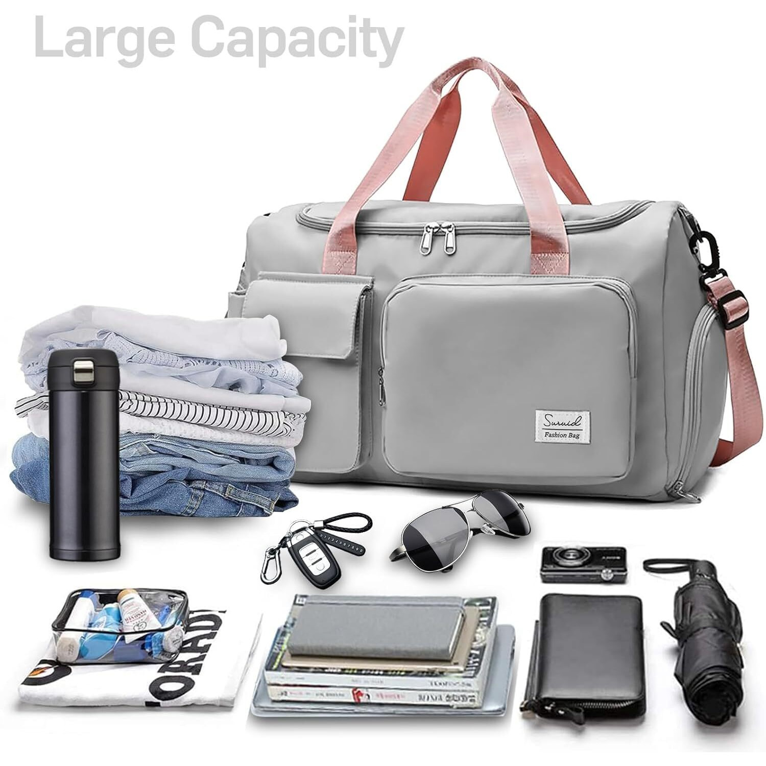 Verat Travel Duffle Bag Sports Gym Shoulder Bag For Women With Wet Pocket & Shoe Compartment Weekender Overnight Travel Luggage Bag Storage Box Organizer,Gray Pink