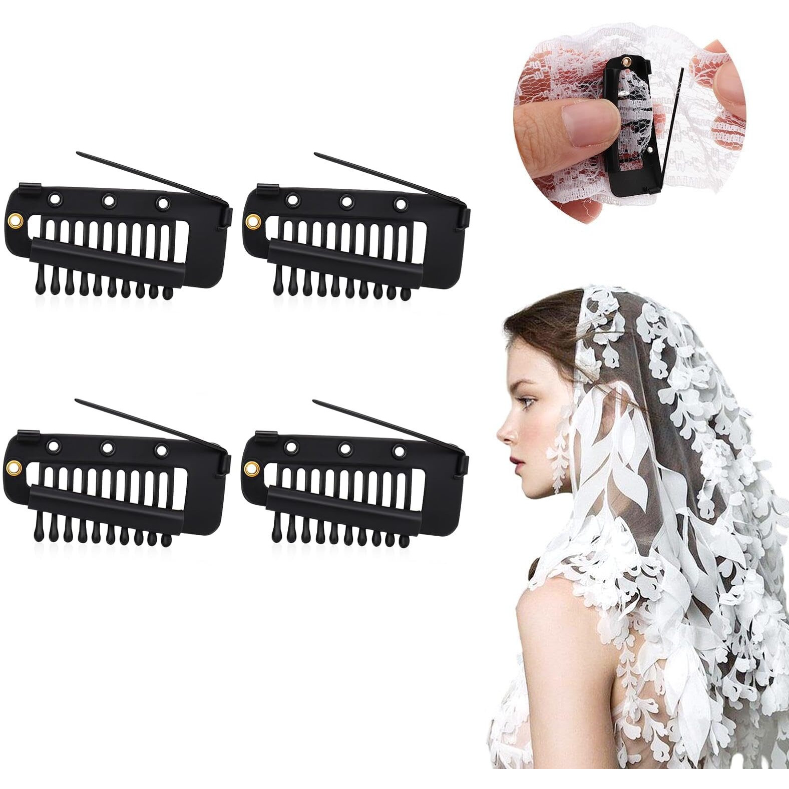 Sichumaria 4 Pcs Black Chunni Clips With Safety Pins,10 Teeth Wig Clips Wig Clips To Secure Hair Accessories Hair Extension Clips For Dupatta, Hijab Indian Costume,With Rubber Snap To Easy Operate (4)