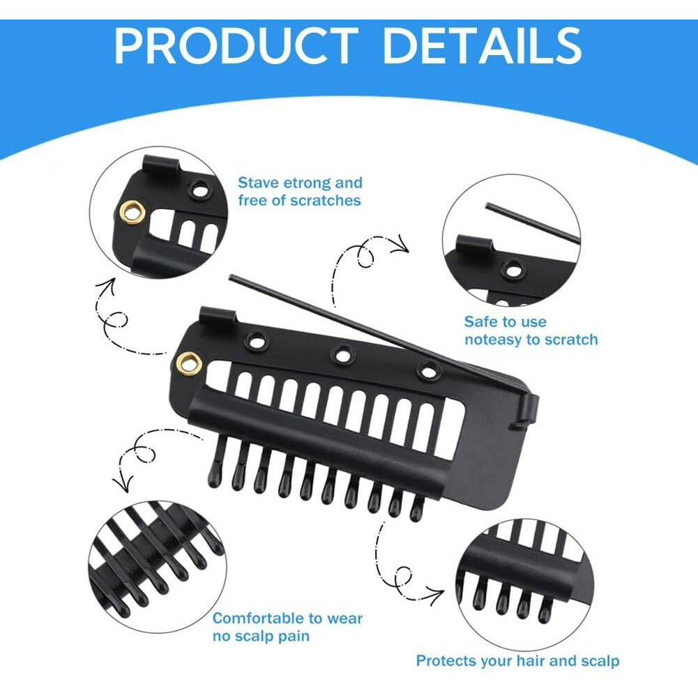 Sichumaria 4 Pcs Black Chunni Clips With Safety Pins,10 Teeth Wig Clips Wig Clips To Secure Hair Accessories Hair Extension Clips For Dupatta, Hijab Indian Costume,With Rubber Snap To Easy Operate (4)