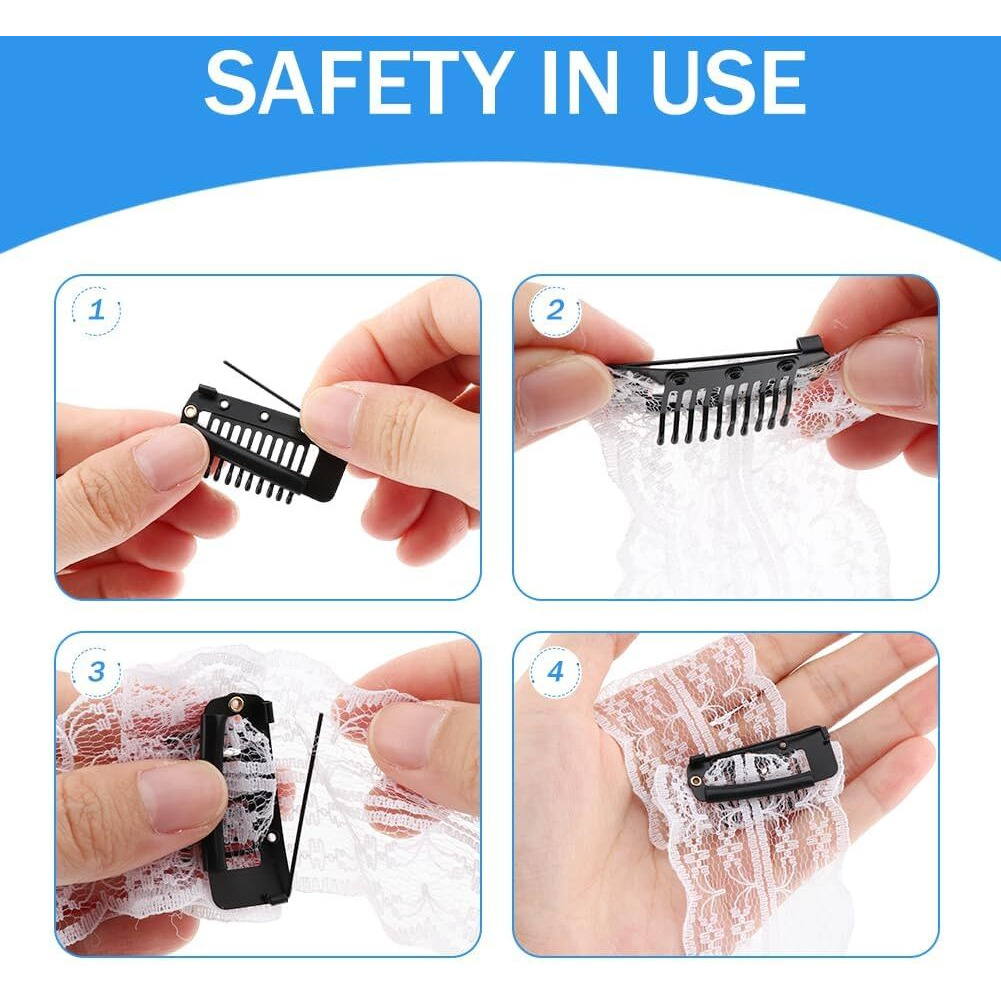 Sichumaria 4 Pcs Black Chunni Clips With Safety Pins,10 Teeth Wig Clips Wig Clips To Secure Hair Accessories Hair Extension Clips For Dupatta, Hijab Indian Costume,With Rubber Snap To Easy Operate (4)