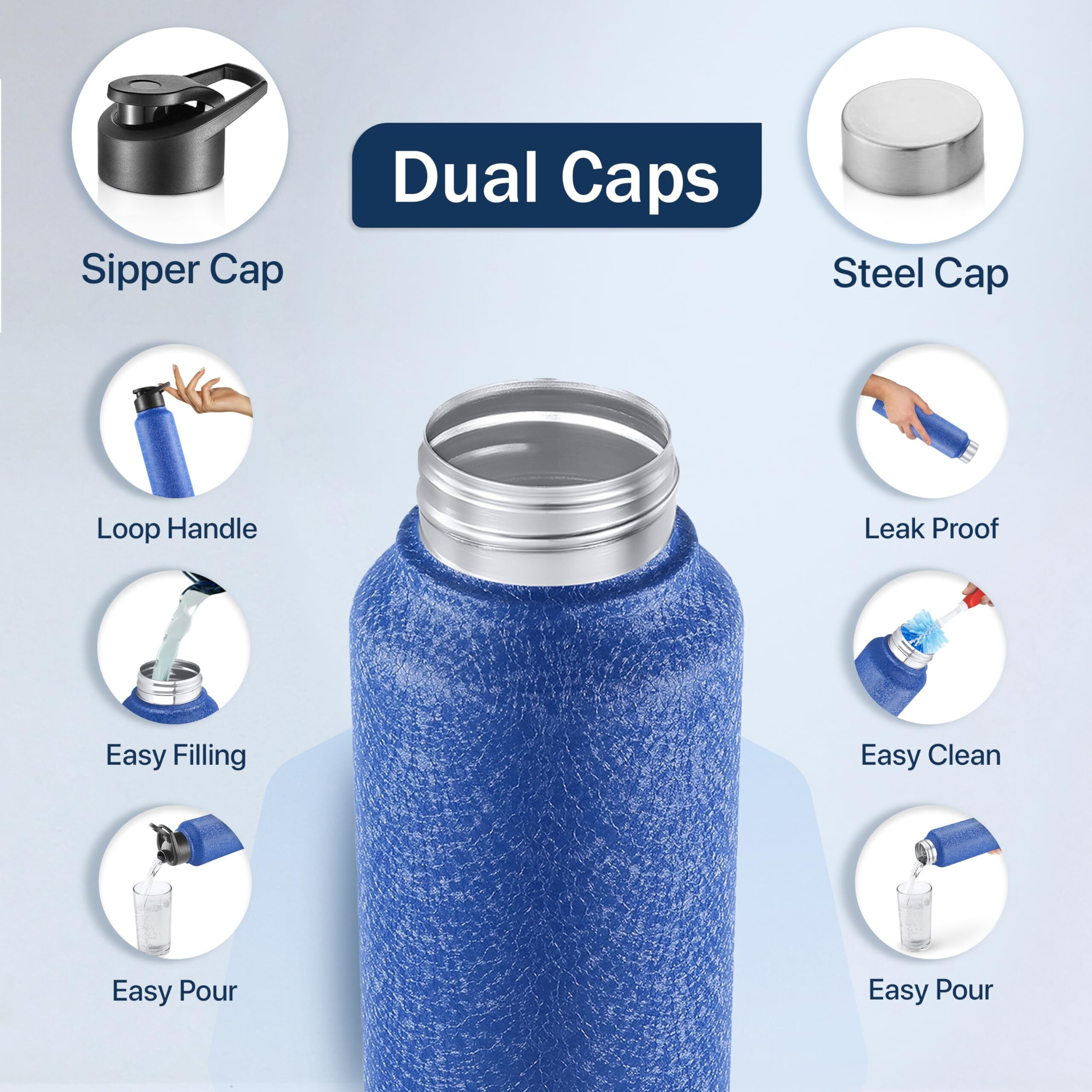 Pexpo Chromo Stainless Steel Sports/Fridge Water Bottle With Sipper & Steel Cap, 1 Litre, Blue | Eco Friendly | Bpa Free | Water Bottle For Office, Gym, School, Yoga, Trekking, Adults & Kids
