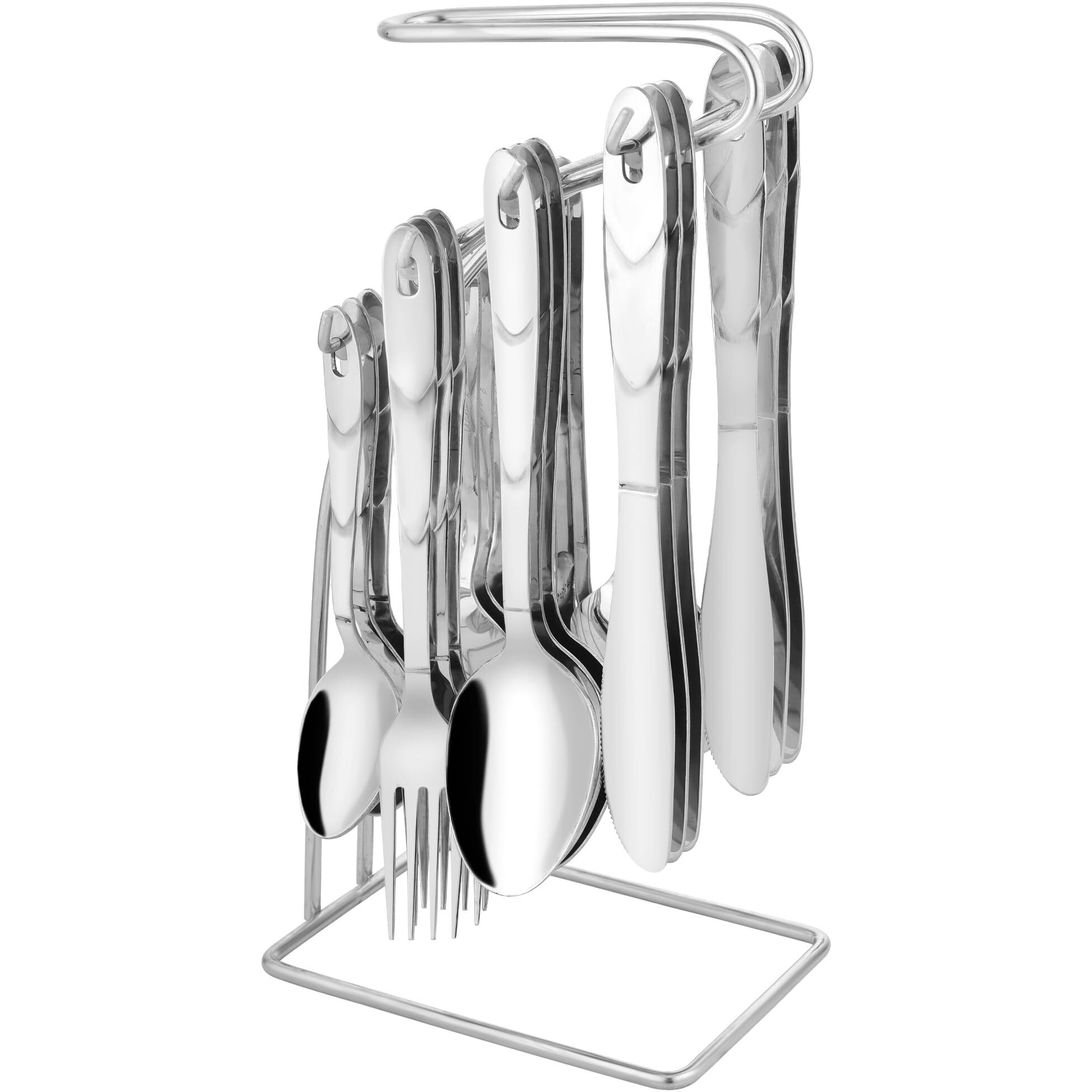 Parage 25 Pieces Creta Stainless Steel Cutlery Set For Home & Kitchen (Contains 6 Table Spoons, 6 Forks, 6 Tea Spoons, 6 Knives, 1 Stand), Spoon Set, Cutlery Set For Dining Table Stylish, Silver
