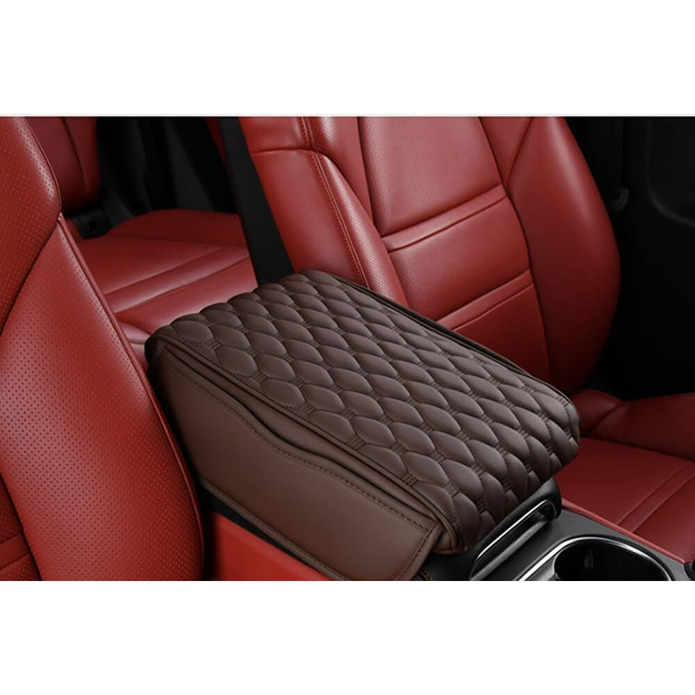 Automaze Center Console Arm-Rest Cover Pad With Side Pockets, Universal Fit For Suv's, Car Armrest Seat Box Cover, Leather Auto Armrest Cover (Coffee)