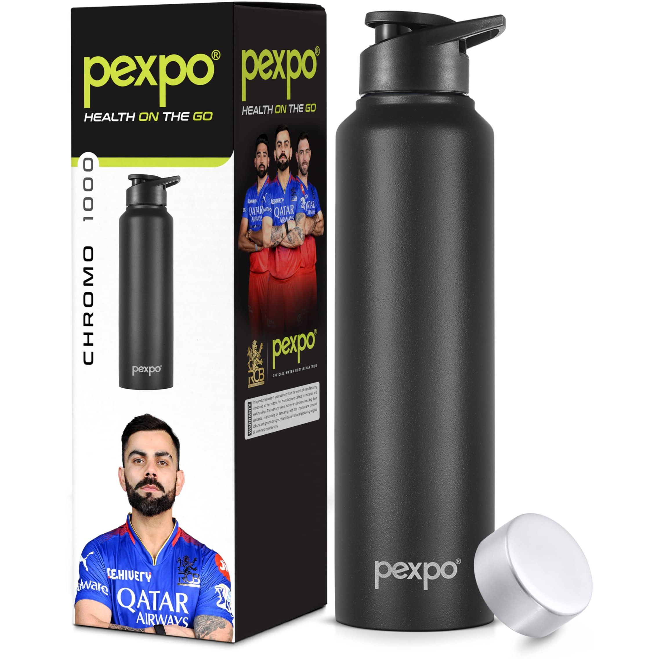 Pexpo Chromo Pro Stainless Steel Sports/Fridge Water Bottle With Sipper & Steel Cap, 1 Litre, Knight Black | Bpa Free | Water Bottle For Office, Gym, School, Yoga | Rcb Edition