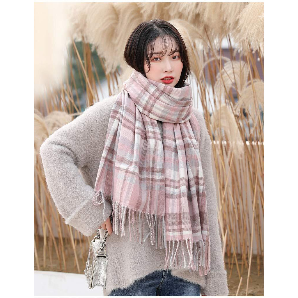 Frackson Pink Check With Line Winter Stole Warm Long Stoles Shawls Long Big Checked Scarves Woolen Women Casual Scarf Soft Wrap For Casual Formal Occassions- 200Cm*70Cm