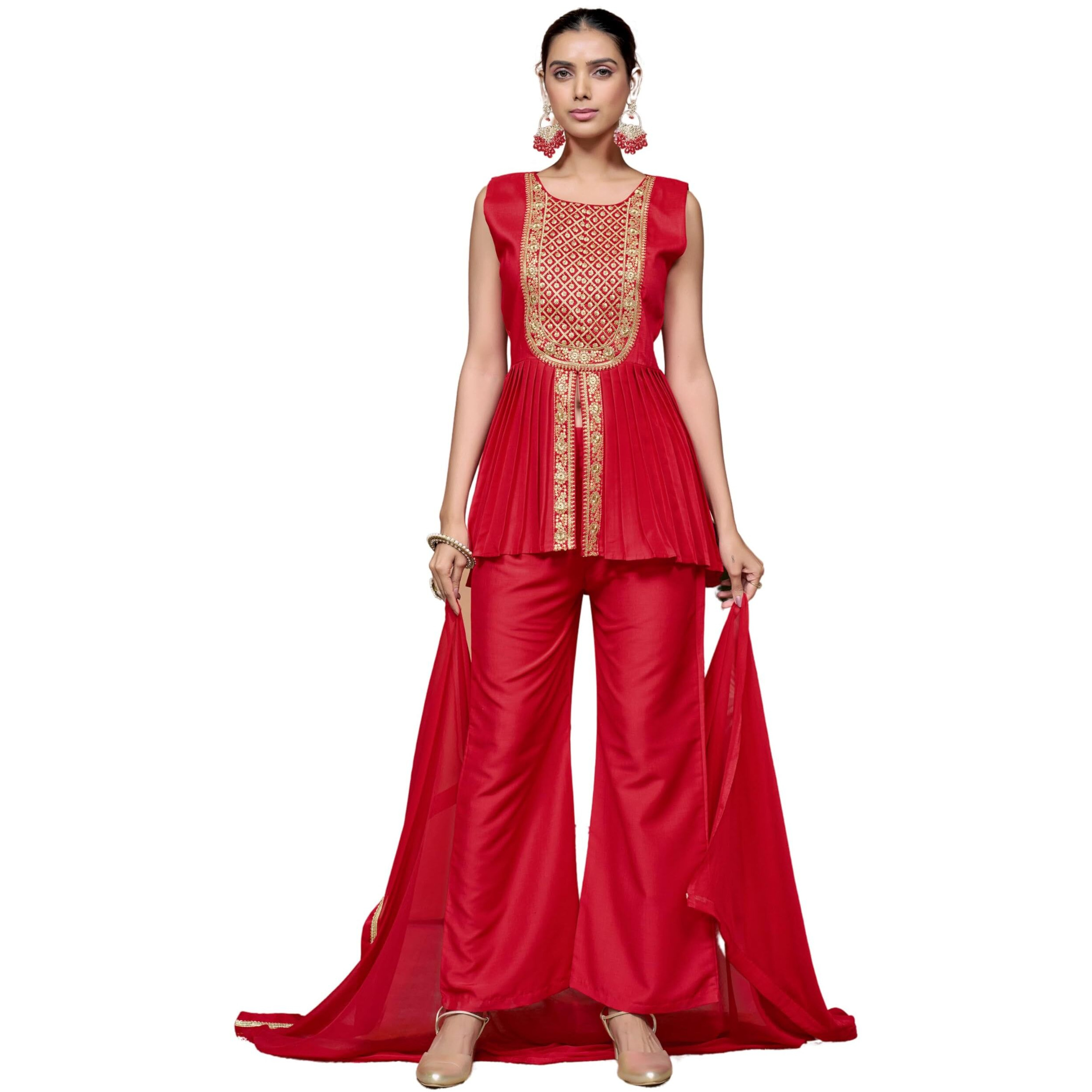 Ethnicjunction Women's Cotton Silk Embroidered A-Line Kurta Palazzo With Dupatta Set