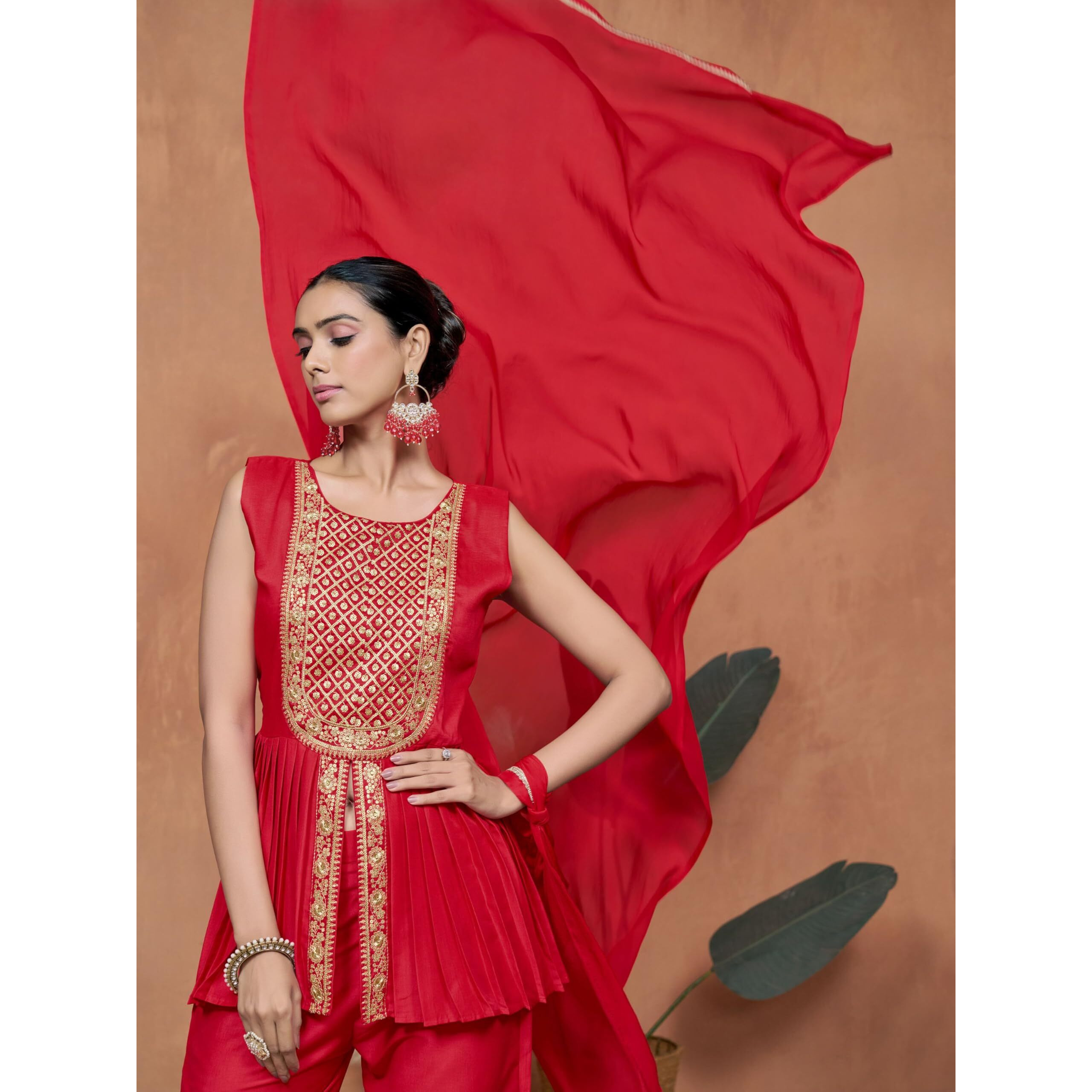 Ethnicjunction Women's Cotton Silk Embroidered A-Line Kurta Palazzo With Dupatta Set