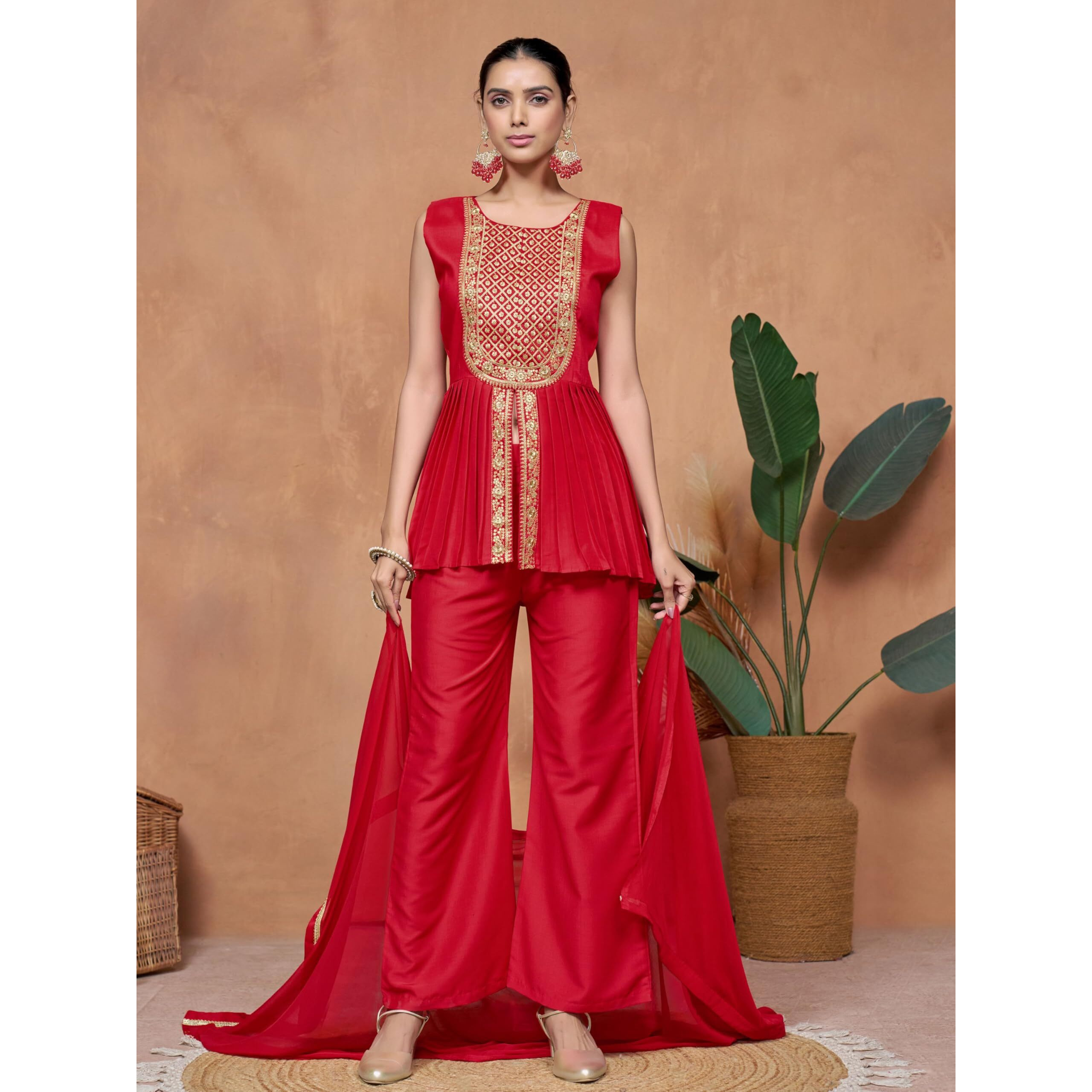 Ethnicjunction Women's Cotton Silk Embroidered A-Line Kurta Palazzo With Dupatta Set