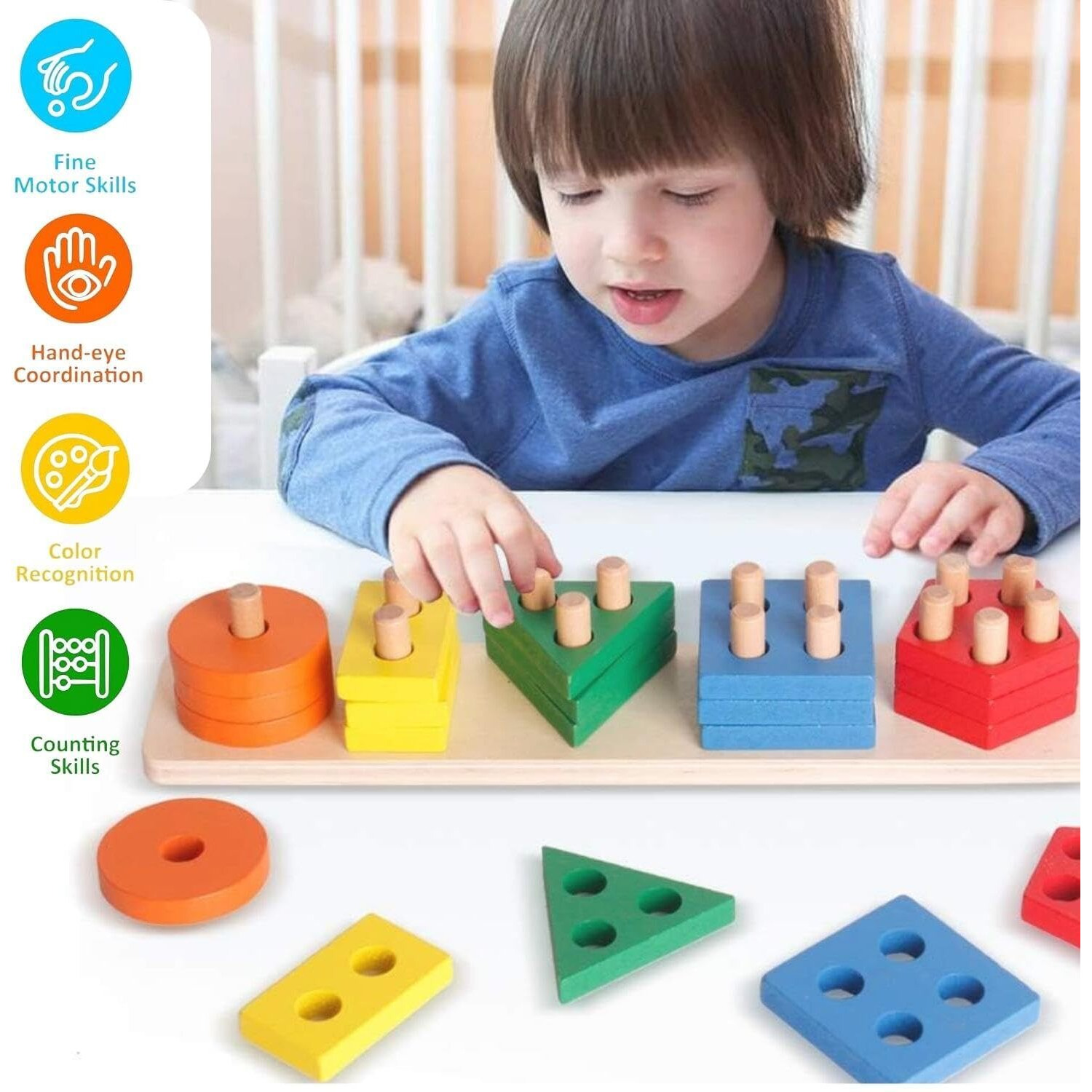 Shinetoy Entertain Kids Wooden Sorting & Stackable Blocks Toys For 1 2 3 Year Old, Montessori Toys For Toddlers, Preschool Educational Color Shape Learning Toy Gift For Kids Girls Boys, 21 Pcs