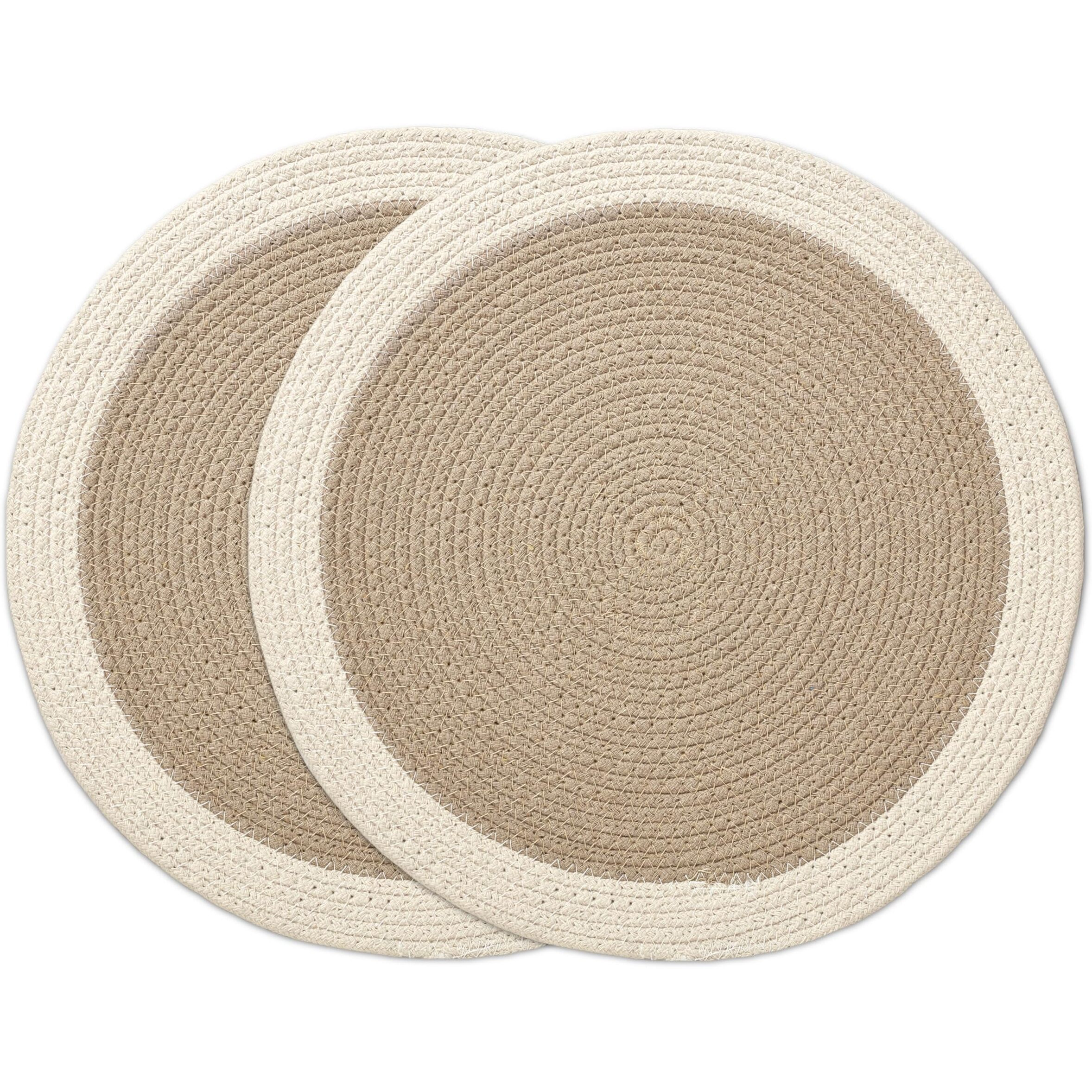 Encasa Xo Dining Table Mats Set Of 2 | Cotton Round Placemat - 33 Cm Diameter | Beige & Off White | Handmade Rib Style