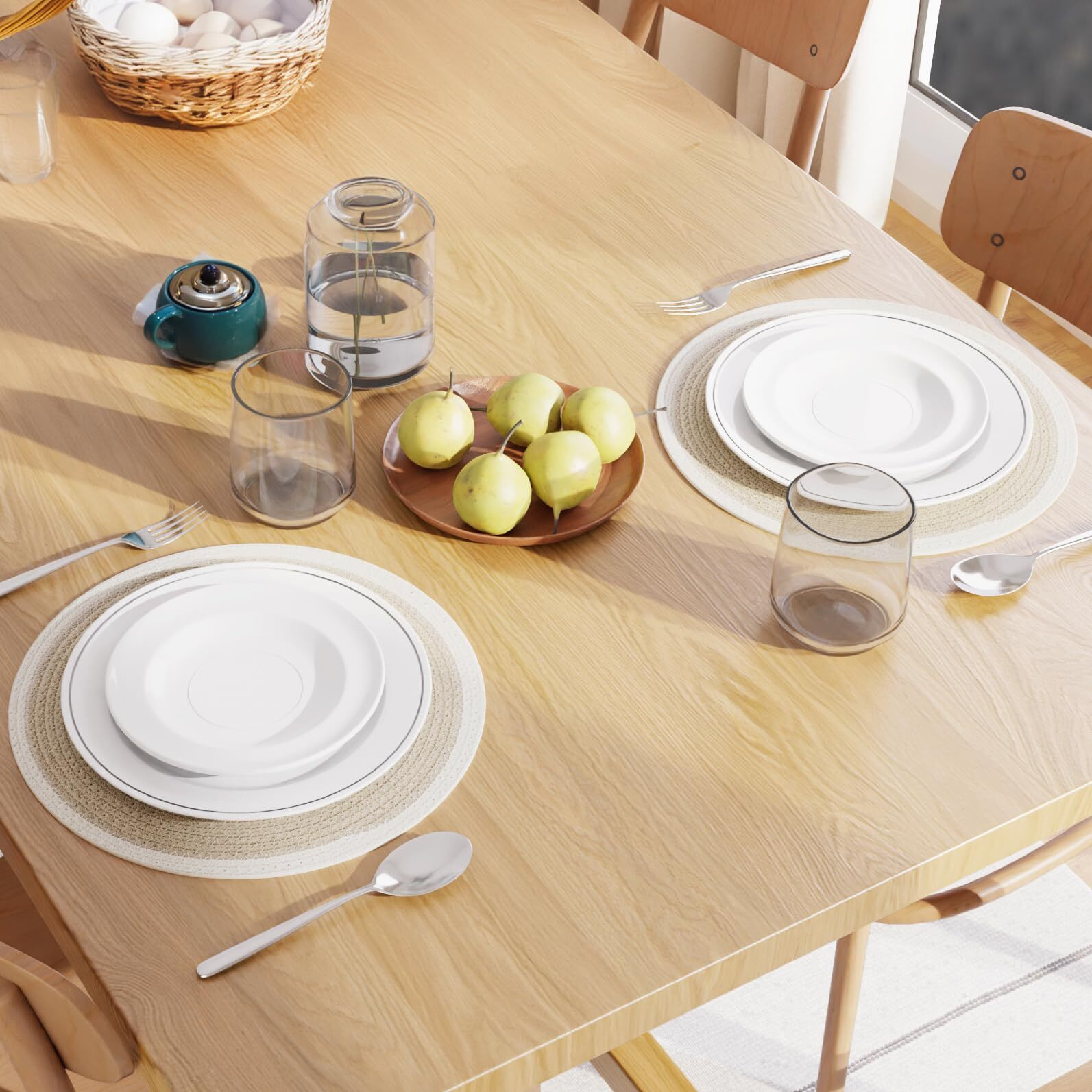 Encasa Xo Dining Table Mats Set Of 2 | Cotton Round Placemat - 33 Cm Diameter | Beige & Off White | Handmade Rib Style