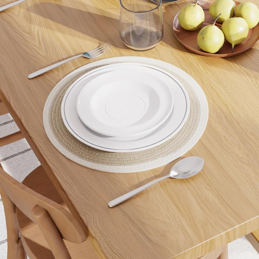 Encasa Xo Dining Table Mats Set Of 2 | Cotton Round Placemat - 33 Cm Diameter | Beige & Off White | Handmade Rib Style