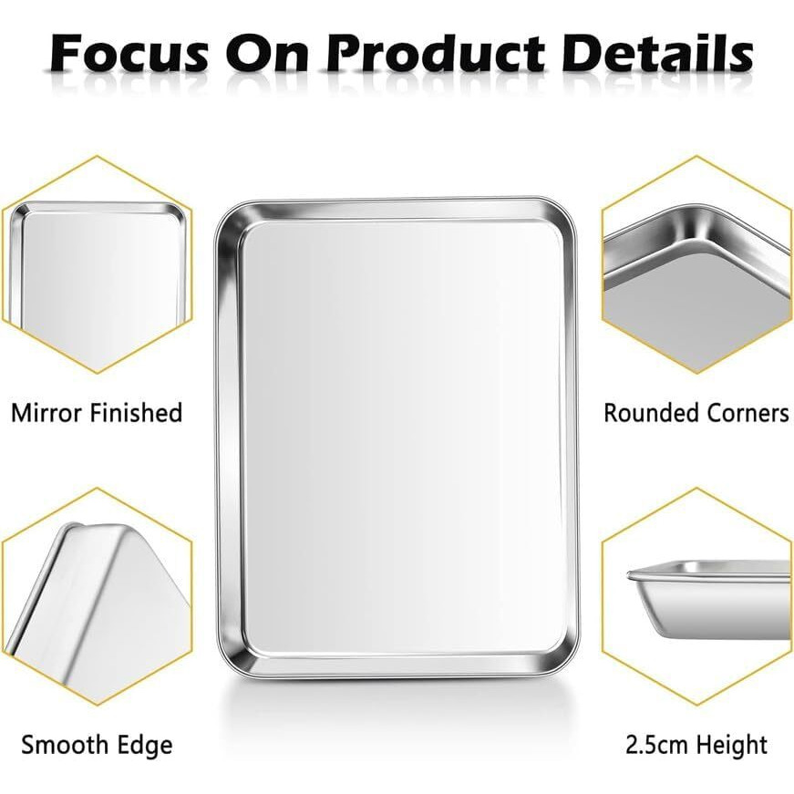 Bmado Homefull Baking Tray Stainless Steel Oven Tray Medium Cookie Tray Pan For Baking Cooking Serving - 29 X 22 X 2.5 Cm, Tea Tray & Serving Trays For Kitchen, Rectangul