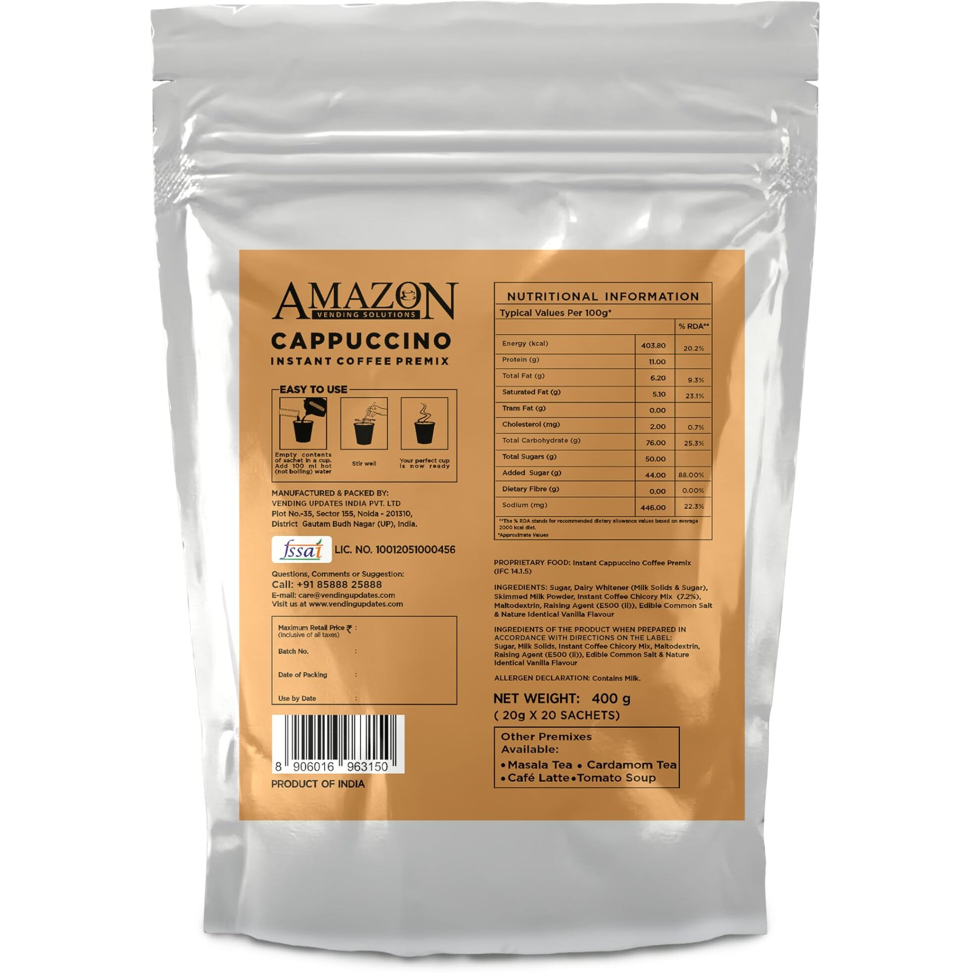 Amazon 3 In 1 Instant Cappuccino Coffee Premix 20 Sachets Each 20 Grams Pack Of 1