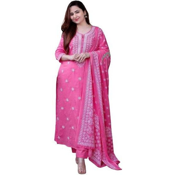Royal Export Women's Viscose Floral Embroidered Straight Kurta Pant With Dupatta (Rx53_Pink_2Xl)